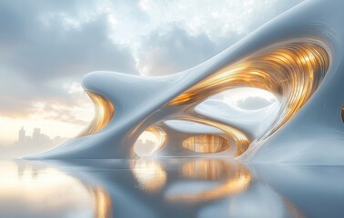 Fototapeta premium Abstract Modern Architecture with Golden Interior and Water Reflection
