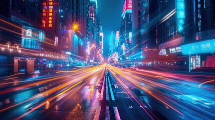 Obraz premium Vibrant night cityscape with light trails.