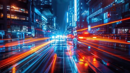 Fototapeta premium Night city street with light trails.