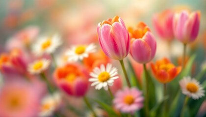 Artistic floral background with an abstract arrangement of tulips and daisies, painted in bright colors like fuchsia and orange, evoking a joyful spring atmosphere through impressionism.
