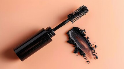 Naklejka premium Black mascara wand and a swipe of mascara on a peach background.