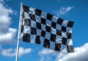 Checkered Flag Waving Against a Blue Sky with Clouds