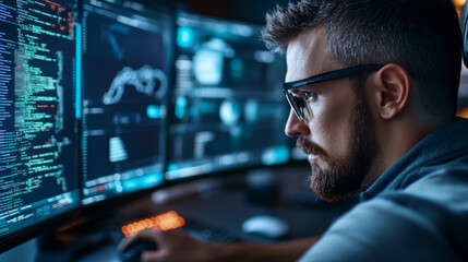 Fototapeta premium An AI-powered cybersecurity system monitoring a corporate network, detecting and preventing cyber threats in real-time.