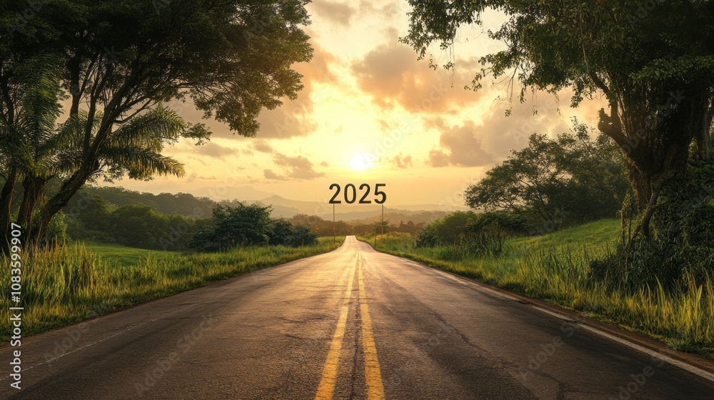 Poster a road with trees in the background and the year 2025 written on it