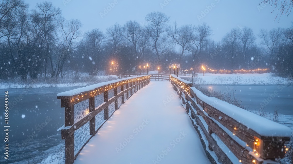 Poster snow-covered wooden bridge with string lights in a snowy forest
