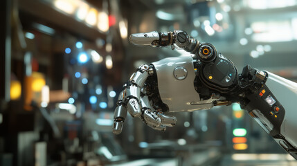 Fototapeta premium Industry 4.0 is about using advanced technology, like robots, to make factories smarter and more efficient. Imagine a robotic arm that looks futuristic and can work alongside humans.