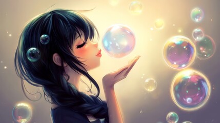 Naklejka premium Girl with Braid Blowing Bubbles in Soft Lighting
