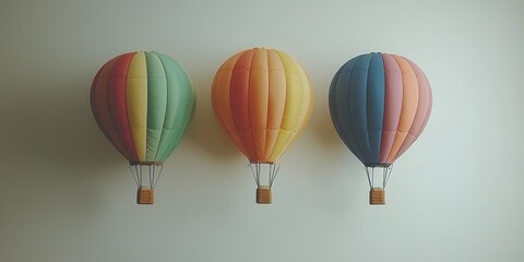 Fototapeta premium Three Colorful Hot Air Balloons Against a White Background