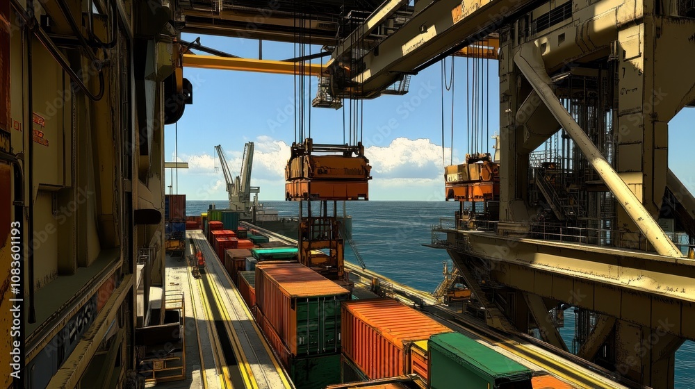 Poster container ship cargo operation: cranes and shipping containers at a busy port