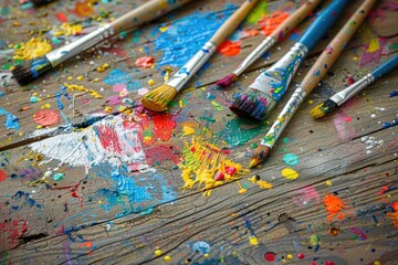Obraz premium A vibrant array of paint splatters and brushes on a wooden surface, showcasing creativity.