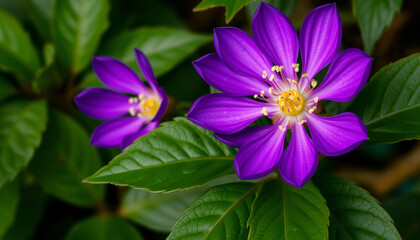 A macro shot of a vibrant purple geranium flower blooming in a lush, wild garden