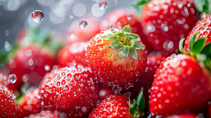 Juicy red strawberries, piled high, with tiny water droplets floating around them.  It looks like they're magically suspended in mid-air!