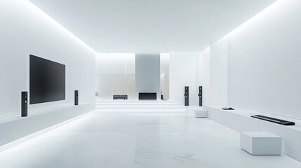 Fototapeta premium Modern minimalist home theater room with white walls and sleek black technology.