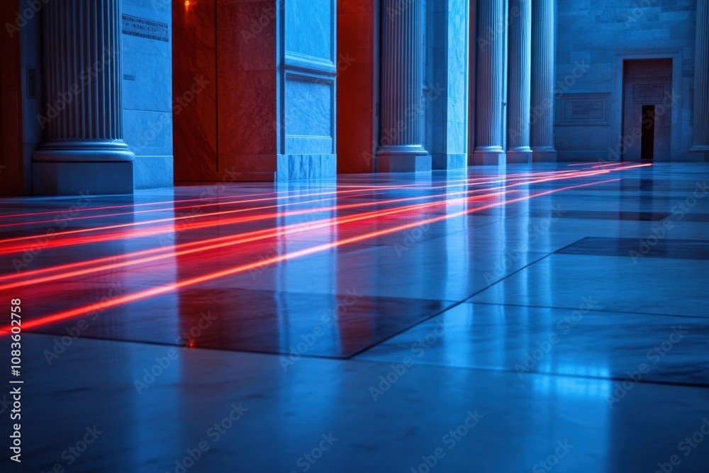 Aufkleber red laser beams create an intricate pattern on polished marble floors, illuminating a dimly lit hall