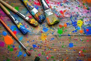 Obraz premium Colorful paint splatters and brushes on a wooden surface, showcasing artistic creativity.