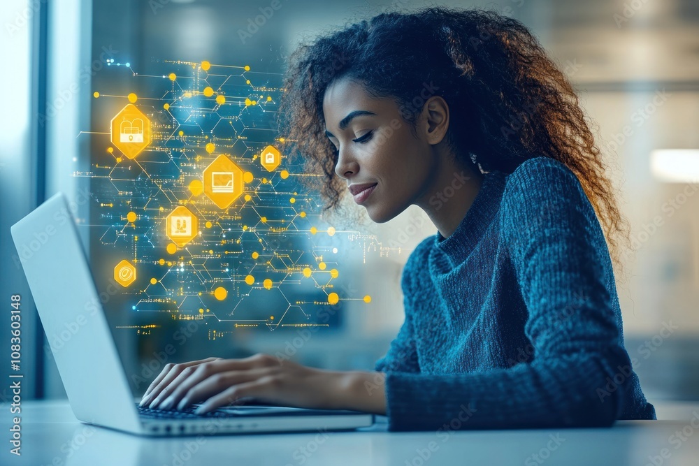 Poster woman working on laptop with digital network visualization