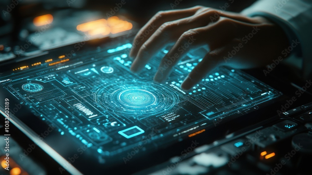 Poster close-up of a hand interacting with a futuristic technology interface