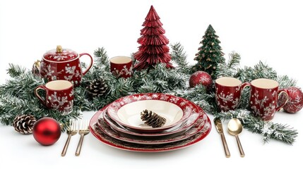 Holiday table setting with festive ornaments and dinnerware, isolated on white.