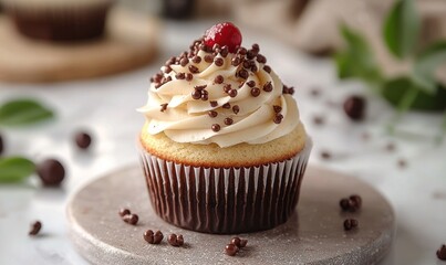 Vanilla Cupcake Topped with Whipped Cream, Chocolate Sprinkles, and a Cherry