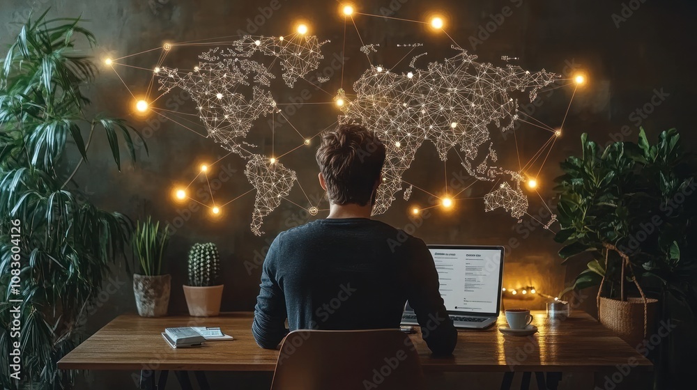 Aufkleber a man working on a laptop in a cozy room with a world map and lights.
