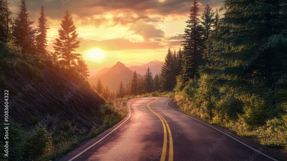 Poster a road with a yellow line and trees in the background