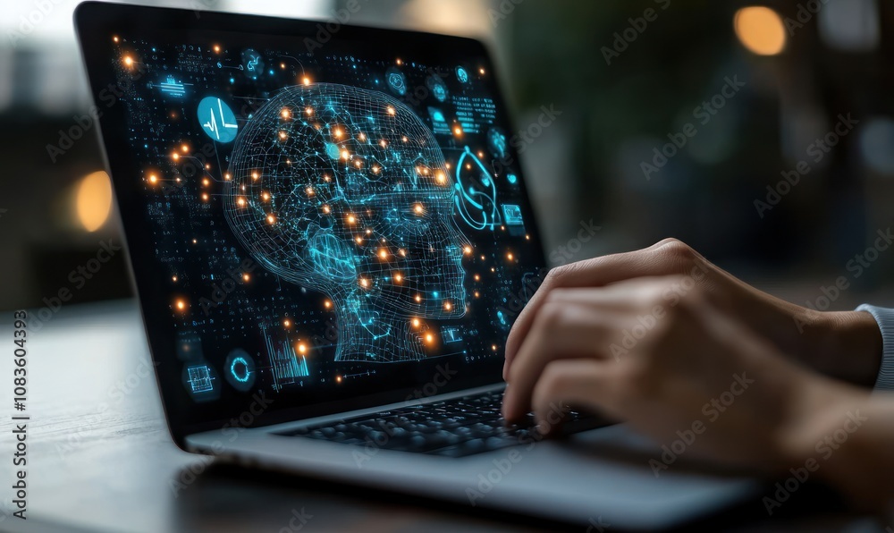 Poster person using laptop with digital brain on screen