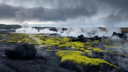 Fototapeta premium Wonder of Nature with mosses on rock and foggy environment beautiful landscape