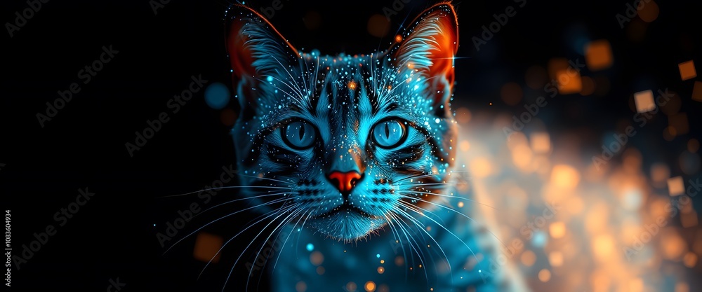 Poster a vigorous cat dissolving into particles with stunning glowing effects for creative projects and vis