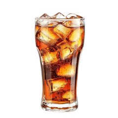 Ice-cold cola in a glass with ice cubes. Isolated white background. PNG format