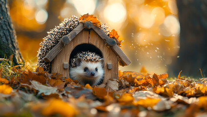 Naklejka premium Hedgehog emerges from cozy wooden house in autumn. A hedgehog slowly comes out of a wooden house surrounded by colorful autumn leaves, enjoying the warm afternoon.