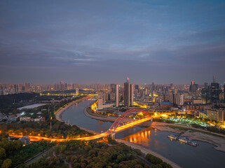 Night view of the landmark city on the two rivers and four banks of Wuhan, China