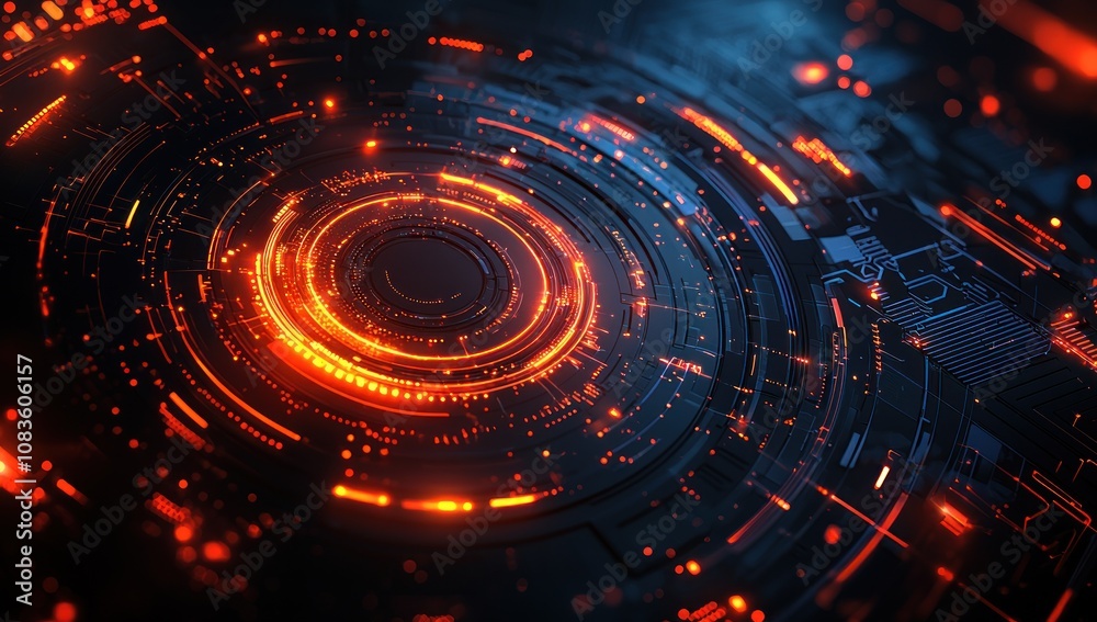 Poster abstract futuristic technology interface with glowing orange lines and circles