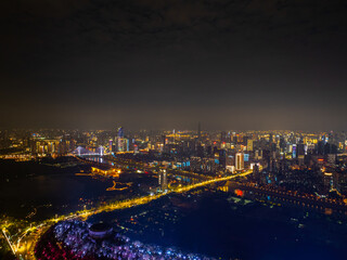 Night view of the landmark city on the two rivers and four banks of Wuhan, China