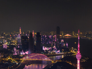 Night view of the landmark city on the two rivers and four banks of Wuhan, China