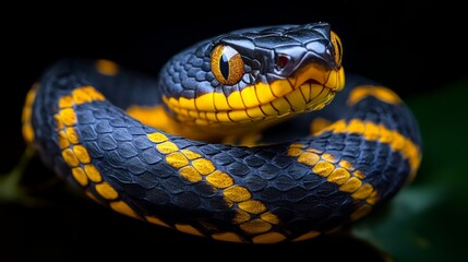 Obraz premium A close-up of a black and yellow banded snake with its head turned toward the camera.