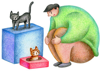 男性と猫のイラスト - 愛猫・見守り・黒猫・トラ猫・愛おしさ