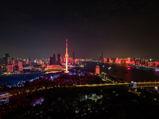 Night view of the landmark city on the two rivers and four banks of Wuhan, China