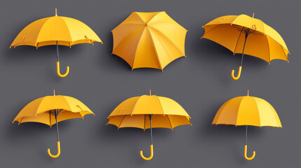 Obraz premium Seven yellow umbrellas are shown in different positions. These illustrations are realistic and look like they could be real umbrellas.