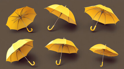 Obraz premium Seven yellow umbrellas are shown in different positions. These illustrations are realistic and look like they could be real umbrellas.