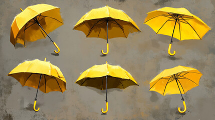 Obraz premium Seven yellow umbrellas are shown in different positions. These illustrations are realistic and look like they could be real umbrellas.