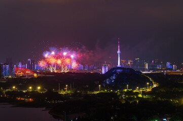 Night view of the landmark city on the two rivers and four banks of Wuhan, China