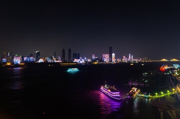 Night view of the landmark city on the two rivers and four banks of Wuhan, China