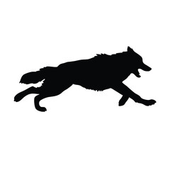 Naklejka premium A black dog is running in the air. The dog has its mouth open. The dog is jumping high in the air