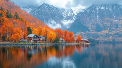 Fototapeta premium Autumnal Forest Reflecting in a Still Lake With Snow-Capped Mountains in the Background
