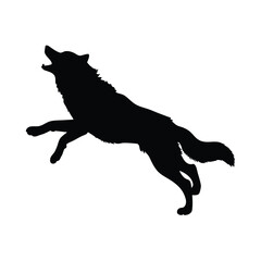 Naklejka premium A black dog is running in the air. The dog has its mouth open. The dog is jumping high in the air