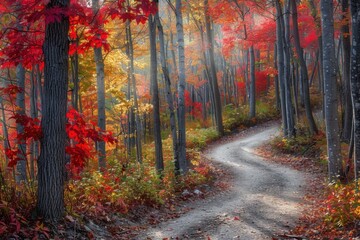 Obraz premium A winding path through a vibrant autumn forest filled with colorful leaves.