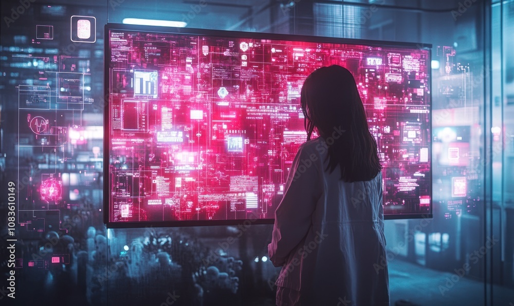 Poster Woman in White Coat Looking at Digital Interface Displaying Data and Code