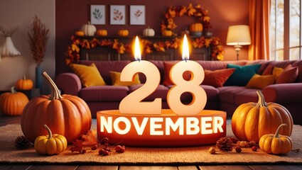 Celebrating november 28th with cozy autumn decor featuring pumpkins and candles in a warm living room setting