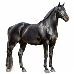 Obraz premium Shiny black horse wearing a bridle, standing majestically against a white background