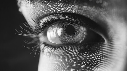 The idea of cyberspace, where technology changes the way we live, is shown through a futuristic eye made of dots.